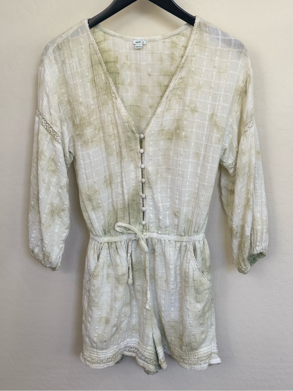 Aerie Green Ivory Tie-Dye Long Sleeve Gauze Romper Size Small